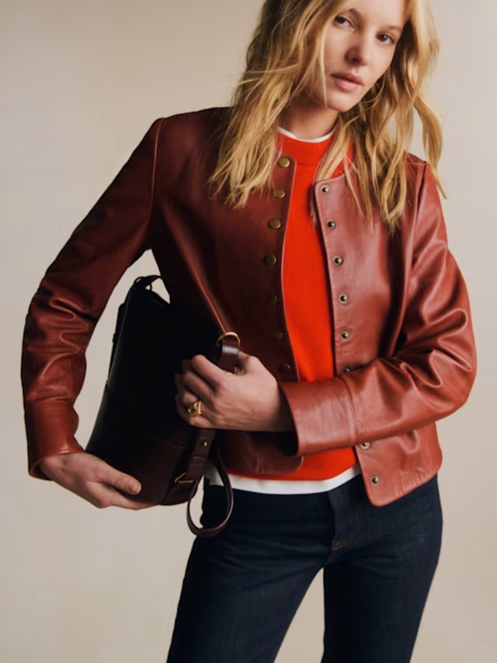 Sézane Marlys Leather Snap Front Round Neck Jacket